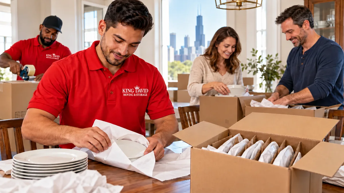 A mover wraps dinner plates while another seals a box and two family members pack nearby.