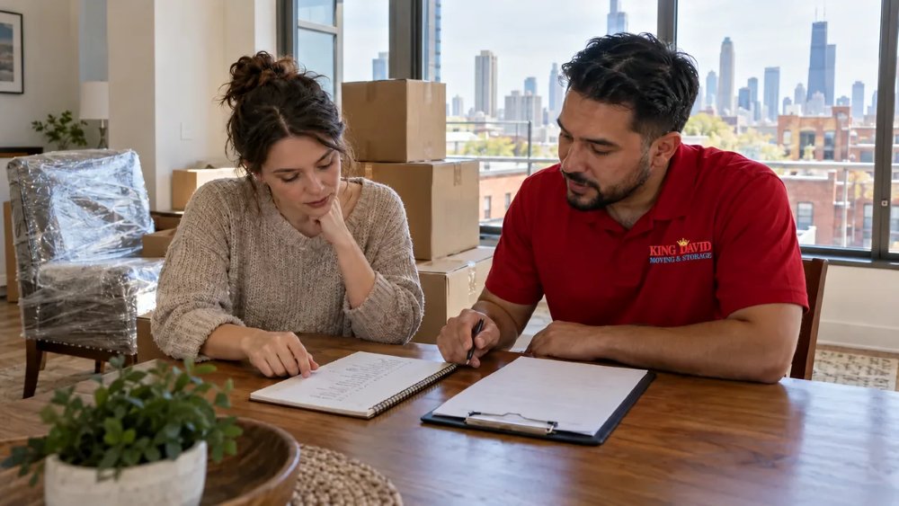 Customer and moving coordinator reviewing an inventory in a Chicago apartment