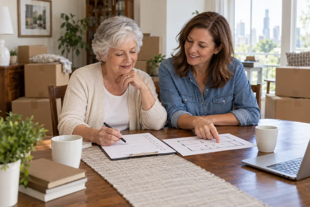Senior woman and adult daughter reviewing a moving checklist in a Chicago home