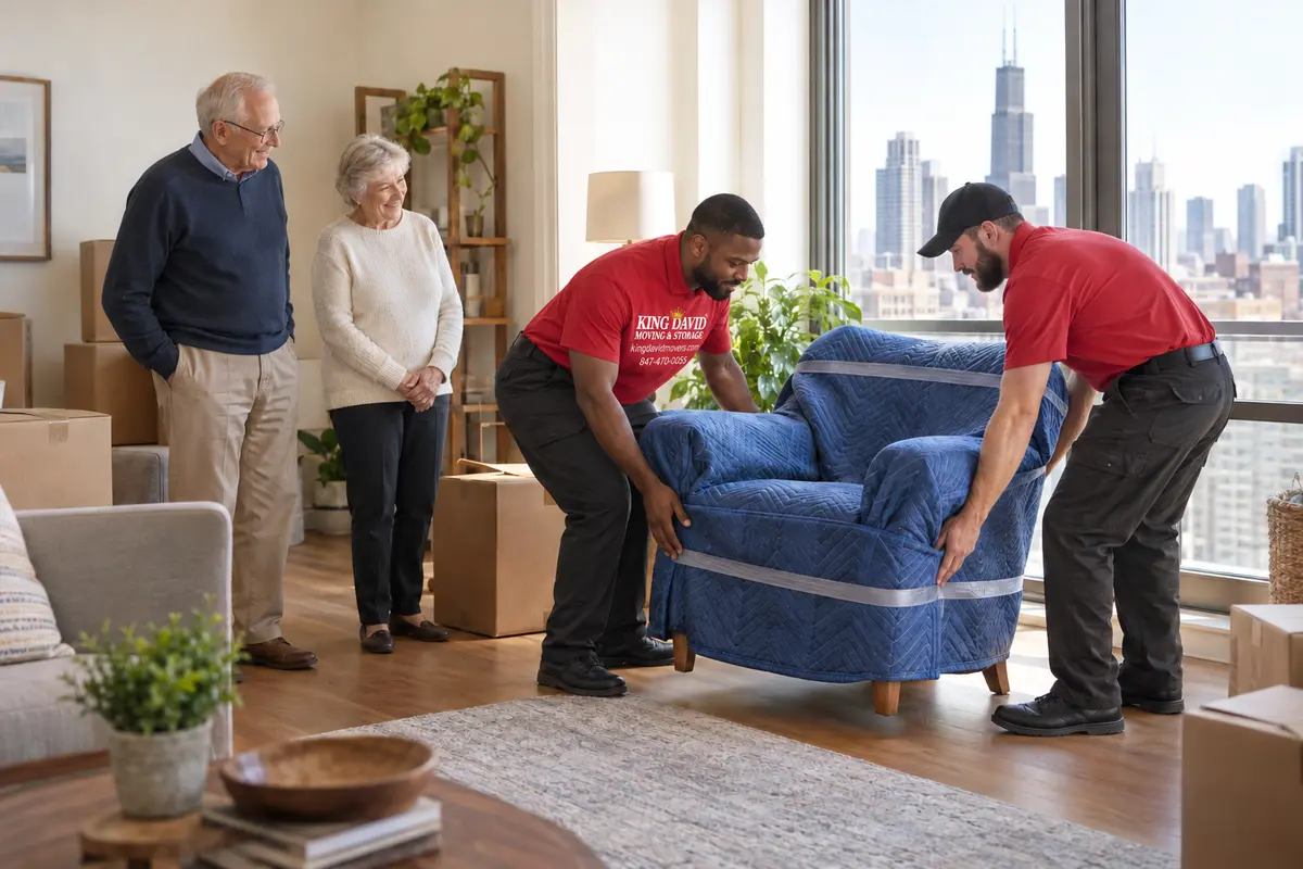 Senior Movers Chicago Careful Furniture Moving Senior movers in Chicago carefully placing a protected armchair in a new apartment