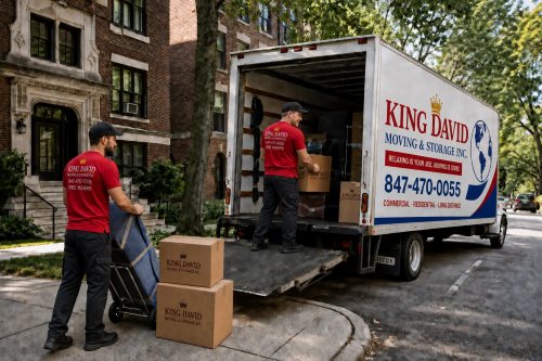 King David Moving truck parked legally for a residential move in Chicago