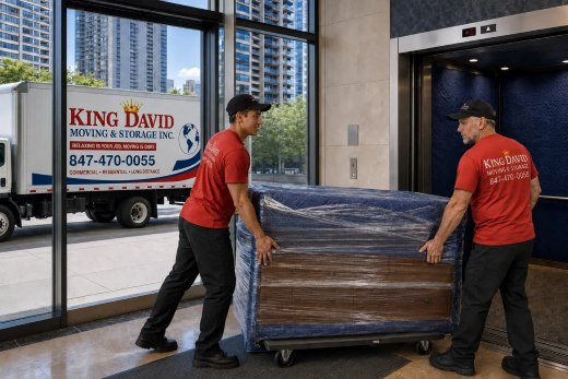 King David movers transporting wrapped furniture through a Chicago high-rise service entrance