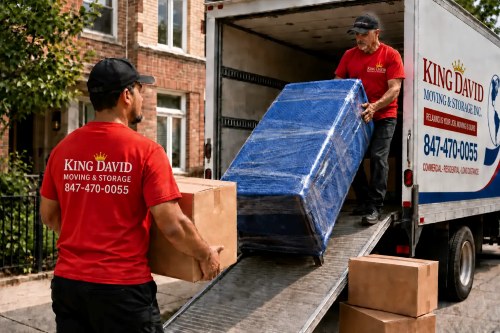 King David labor-only movers loading wrapped furniture into a rental truck in Chicago