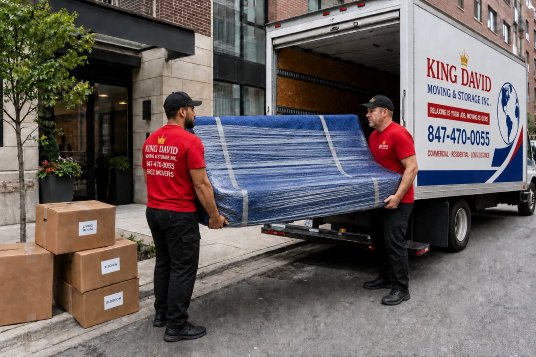 Two King David movers loading protected furniture into a moving truck in Chicago