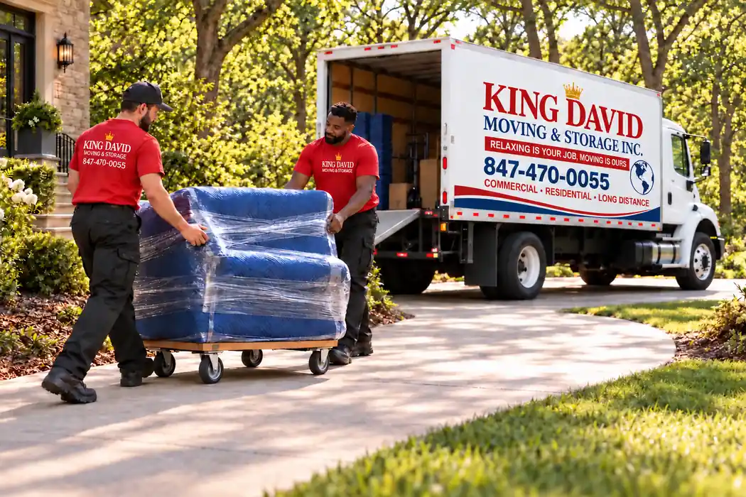 Riverwoods movers guiding a wrapped blue armchair on a dolly beside a King David Moving & Storage truck