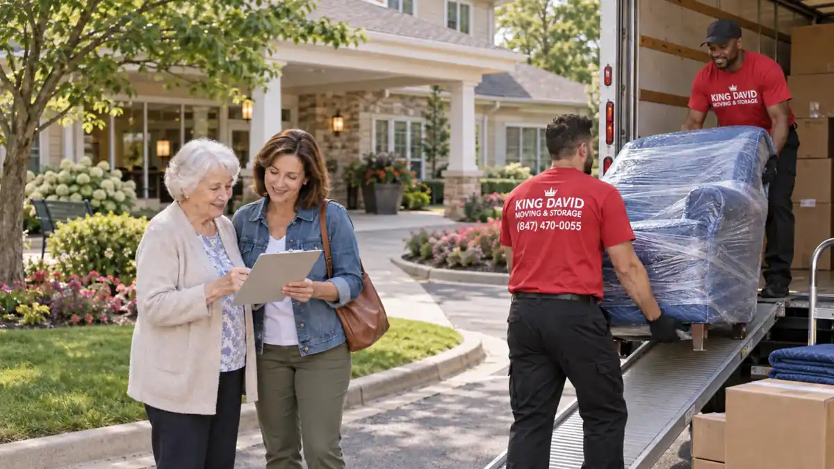Moving Between Senior Living Communities in Chicago Senior woman and family member working with King David movers at a suburban senior living community