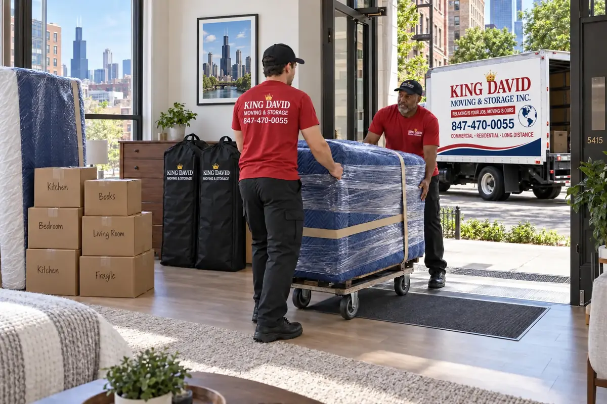 King David Moving, small movers loading a protected loveseat from a Chicago studio apartment