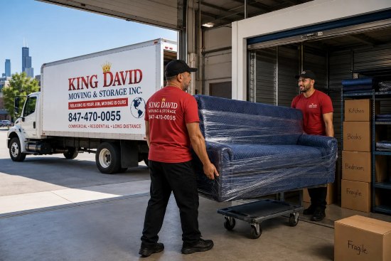 King David movers placing a shrink-wrapped sofa into temporary storage during a Chicago move