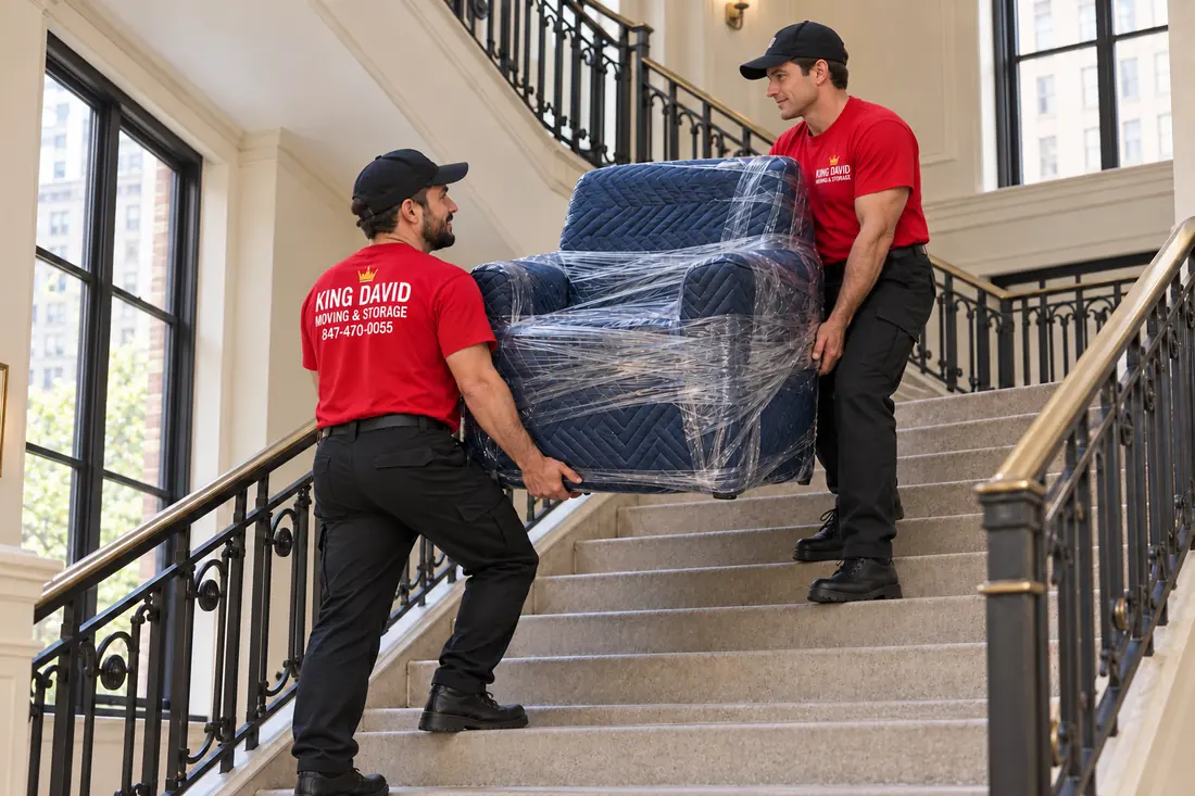 Two King David movers beside a blanket-wrapped sofa on a dolly outside a Chicago walk-up.