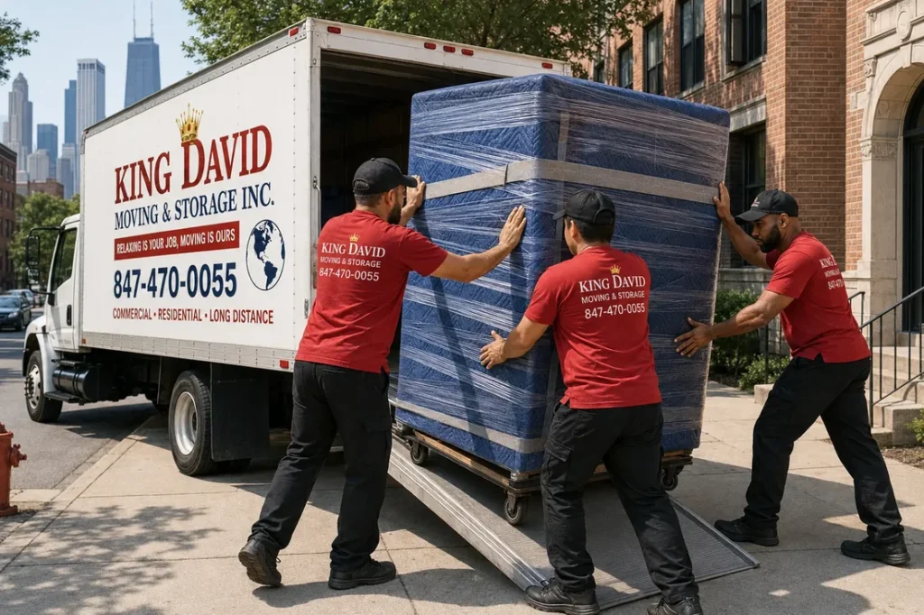 King David movers using a furniture dolly for a wrapped heavy cabinet beside a Chicago moving truck