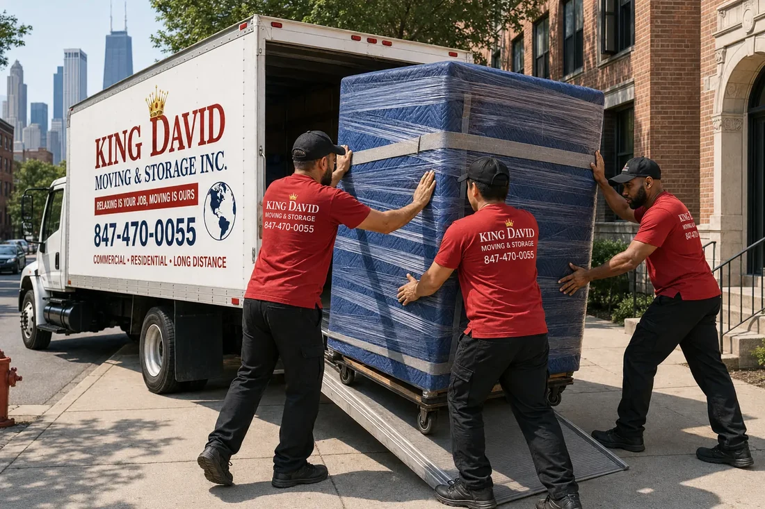 King David movers using a furniture dolly for a wrapped heavy cabinet beside a Chicago moving truck