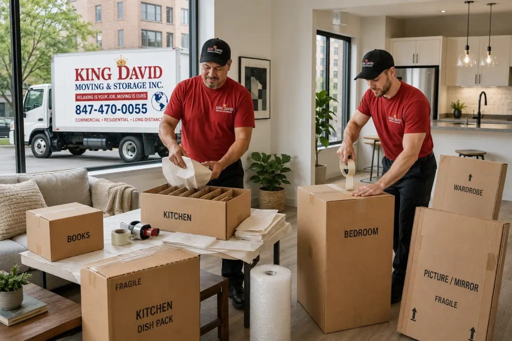 King David Moving & packers using different moving box sizes in a Chicago apartment