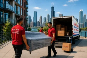 King David Moving & Storage – Local Movers in Chicago King David local movers carrying a wrapped sofa beside a branded moving truck in downtown Chicago.