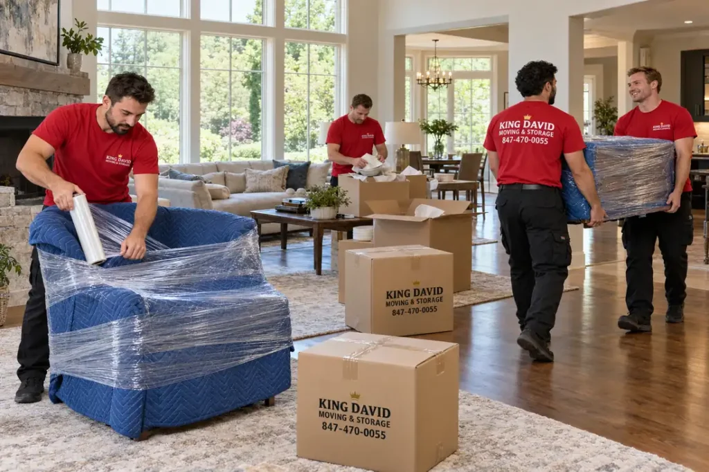 King David movers guide wrapped furniture on a dolly inside a condo while two others unwrap a wooden sideboard.